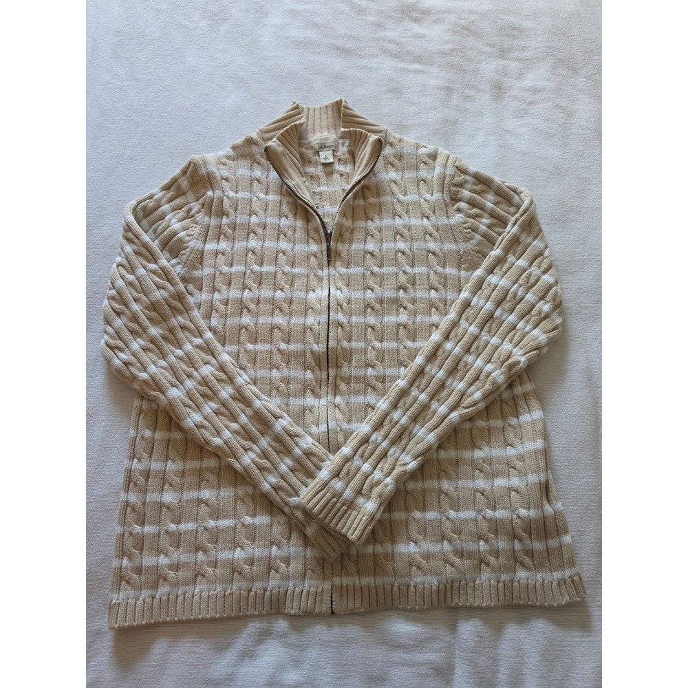 LL Bean Womens Beige White Striped Cable Knit Full Zip Cotton Sweater Large